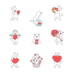 Collection of cute kittens in love. Doodle illustrations of kawaii white cats and hearts. St. Valentine's day set. 