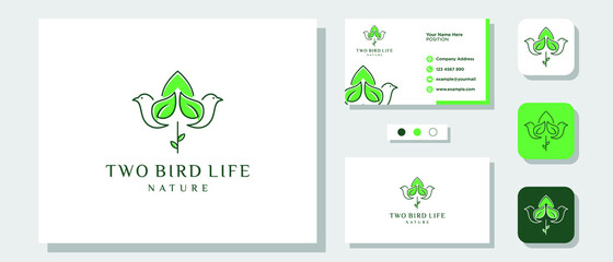 Bird Leaf Nature Green Flower Tulip Plant Illustration Logo Design with Layout Template Business Card