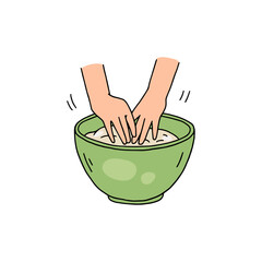 Kneading the dough for baking in bowl, hand drawn vector illustration isolated.