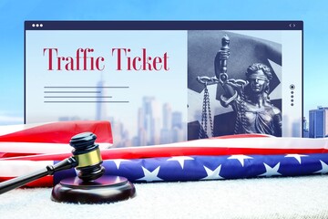 Traffic Ticket. Judge gavel and america flag in front of New York Skyline. Web Browser interface...