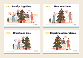 Decorating christmas tree landing pages set with happy family prepare for xmas and new year eve