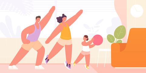 Home workout. Healthy exercising, family stretching. Parents and child fitness training, doing morning exercises. Sport activities utter vector scene