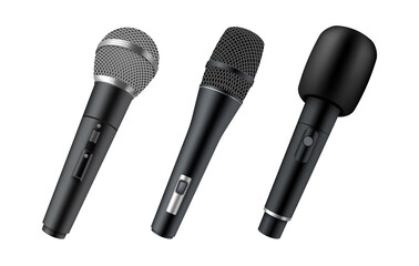 Set of realistic wireless microphones. Modern mics. Music mikes for singing or speech entertainment
