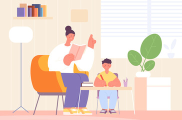 Home education with parents. Excited teaching lifestyle, parent teach kid. Family study together, distance learning or support in homework utter vector scene