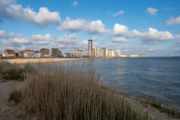 Fototapeta premium Waterfront, dunes and view on Vlissingen city with sandy beach on sunset