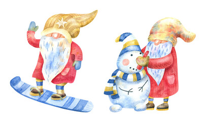Gnomes snowboarding and making a snowman. Winter fun, sport and recreation. Watercolor hand painted illustration isolated on white. Red, blue and yellow colors. Funny characters.