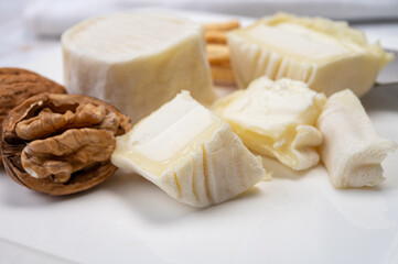 Cheese collection, soft goat French cheese with mold crottin de Chavignol produced in Loire Valley