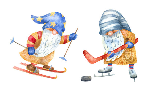 Gnomes playing hockey and skiing. Winter fun, sport and recreation. Watercolor hand painted illustration isolated on white. Red, blue and yellow colors. Funny characters.