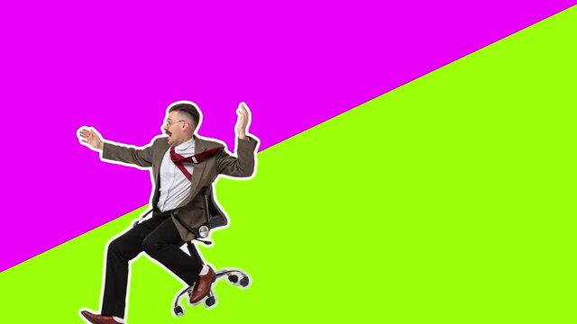 Businessman rolling on chair on inclined plane - concept of problems in business. Looped animation. 4k. Stop motion design, art 2D animation. Funny man. Modern, conceptual, contemporary pop collage.