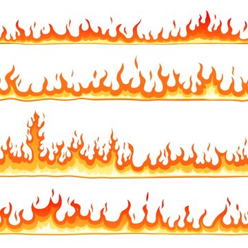 Fire seamless pattern. Cartoon blaze, hot flames borders lines. Hell elements, isolated bonfire or blaze. Flat comic flaming recent vector background