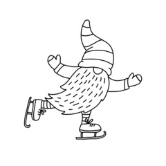 Gnome skating. Funny character. Doodle hand drawn vector  illustration isolated on white. Great for coloring books.