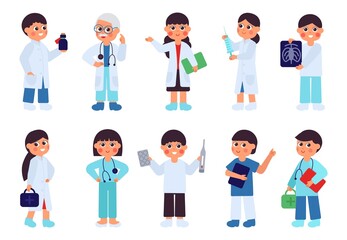 Doctor characters. Kawaii medical people, cute cartoon hospital team. Man woman wear uniform and holding medications, isolated decent vector set