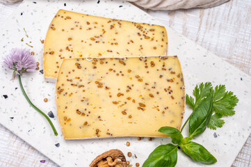 Cheese collection, matured cow cheese with mustard seeds from Belgium