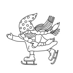 Cute girl gnome skating. Doodle hand drawn vector illustration isolated on white. Great for coloring books.