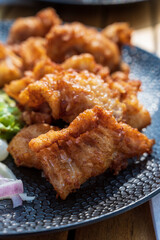Dutch street food, fried pieces of cod fish fillet served with garlic sauce and fresh green salade