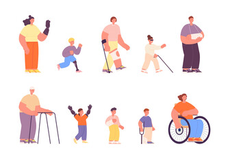 Fototapeta na wymiar Disability person. Disabled work student, disabilities children and adults. Injury people group, isolated cartoon young handicap man utter vector set