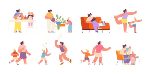 Motherhood. Baby mother, parent cook with daughter. Happy woman play with child, family doing sport, reading, cooking and walking, utter vector set