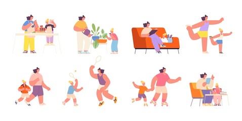 Fototapeta premium Motherhood. Baby mother, parent cook with daughter. Happy woman play with child, family doing sport, reading, cooking and walking, utter vector set