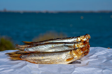 Smoked sprattus or sprats sea fish served outdoor with view on blue sea water
