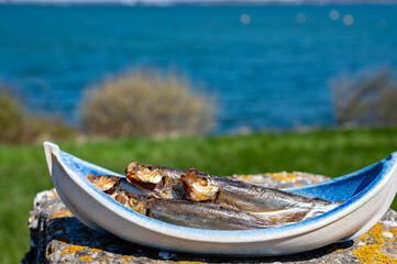 Smoked sprattus or sprats sea fish served outdoor with view on blue sea water