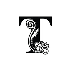 letter T flower  ornament. Vector logo. Monogram alphabet. Beautiful floral capital letters
