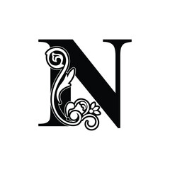 letter N flower  ornament. Vector logo. Monogram alphabet. Beautiful floral capital letters
