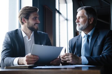 Senior and junior businessman discuss something during their meeting, office background.