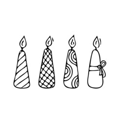 Doodle candles set.Decoration for birthday party or romantic dinner for Valentine's Day.Festive hand-drawn collection candlelight with wick and wax.Elements for creating holiday atmosphere.Isolated