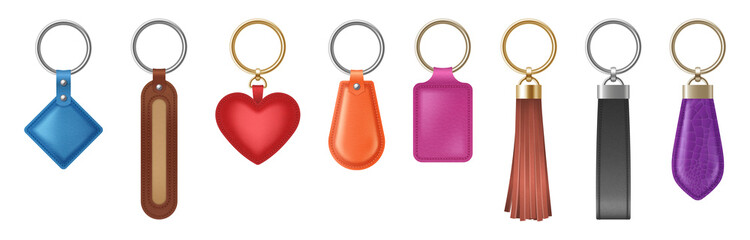 Colorful leather keychain of different shapes with metal golden and silver chain and ring