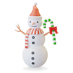 snowman wearing santa hat and red stripped scarf holding christmas candy cane 3D illustration