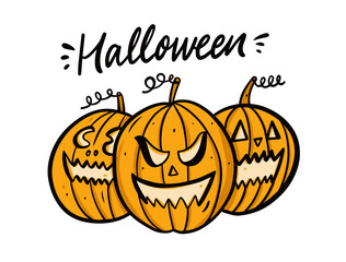 Halloween party. Three pumpkins heads. Hand drawn colorful vector illustration.