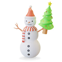 snowman wearing santa hat and red stripped scarf holding pine tree 3D illustration