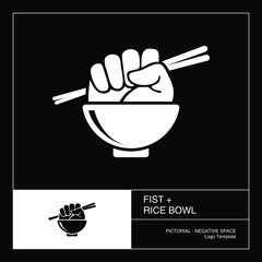 Fist and rice bowl pictorial logo template, negative space style.