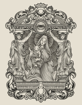 illustration baby baphomet and mother with engraving ornament style