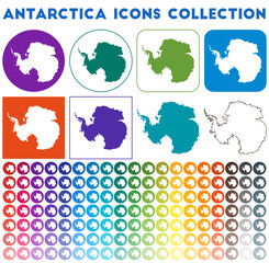 Antarctica icons collection. Bright colourful trendy map icons. Modern Antarctica badge with country map. Vector illustration.
