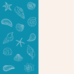 Doodle background with starfish and seashells, hand-drawn sea wallpaper.Fossils painted by ink, pen.Line, minimalism.Simple sketchy template. Isolated. Vector illustration.