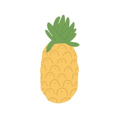 Pineapple fruit with leaf on top. Tropical yellow ananas. Sweet exotic summer food. Flat vector illustration isolated on white background