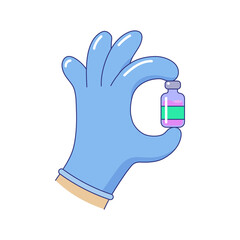 Hand holding bottle of medicine doing ok sign. Laboratory sample in glass ampoule. Vaccination, immunization, medical treatment vector illustration on white background