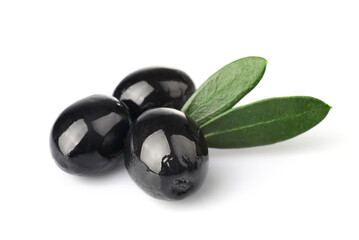 Black ripe olives isolated on white background