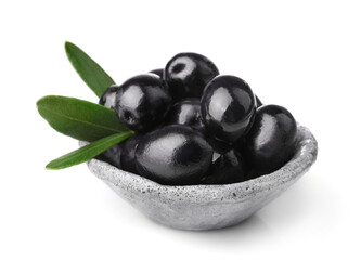 Black ripe olives isolated on white background