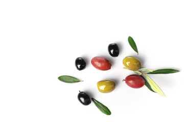Green, red and black olives isolated on white background