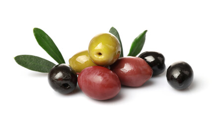 Green, red and black olives isolated on white background