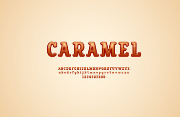 Slab serif 3d font, caramel alphabet, rounded uppercase and lowercase letters from A to Z and numbers from 0 to 9