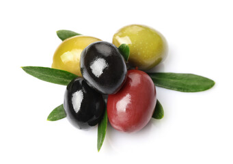 Green, red and black olives isolated on white background