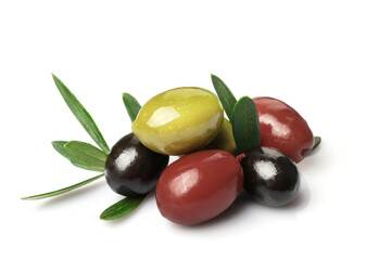 Green, red and black olives isolated on white background