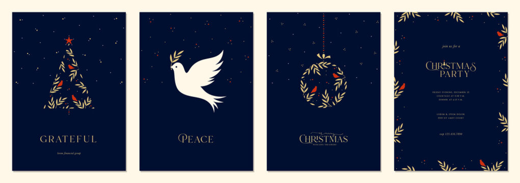 Merry and Bright Corporate Holiday cards. Modern creative universal artistic templates with Christmas tree, Dove, birds, Christmas ornament, floral frames and backgrounds.