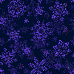 Dark blue Christmas and New Year seamless pattern with snowflakes. Bright winter background. Gift wrap and fabric design. 
