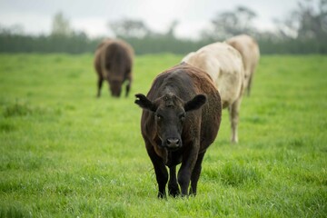 Close up of cows in the field, Angus and Murray Grey beef Cattle eating long pasture in spring and...