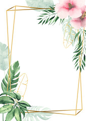 Watercolor hand painted tropical frame with green palm leaves, flowers, golden line elements - 463561100