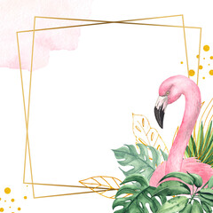 Watercolor hand painted tropical frame with green palm leaves, flowers, flamingo, golden line elements